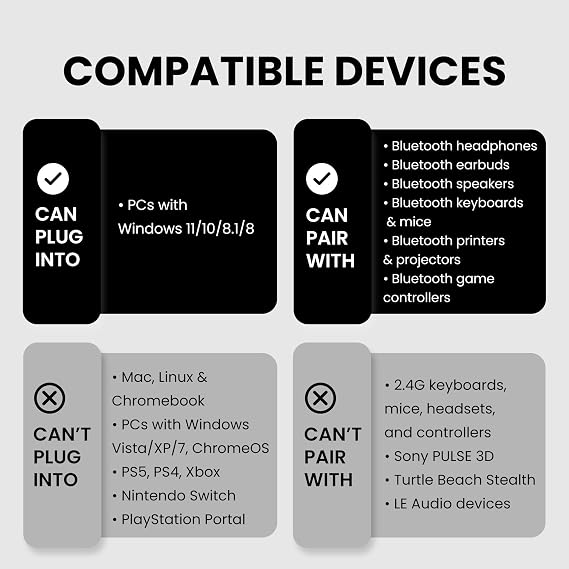 Avantree DG45 USB Bluetooth Adapter Dongle for PC, Computer, Desktop & Laptop, Compatible with Windows 11/10/8.1/8 Only - Connects Bluetooth Headphones, Speakers, Keyboards & Mice ONLY (Not 2.4G/WiFi)