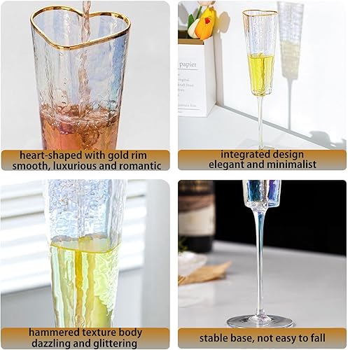 Miniatura 6 de Juego de 2 copas de champán en forma de corazón, copas únicas para brindis de boda para novia y novio, cristal con borde dorado, regalo para