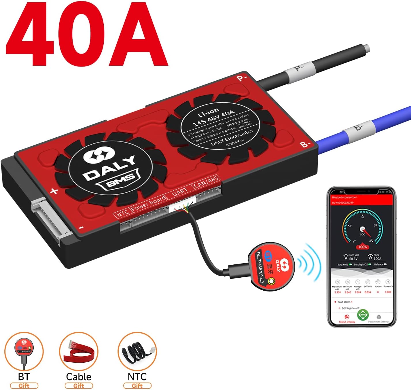 DALY Smart BMS Li-ion 14S 48V 40A PCB Battery Management System with UART Communication CAN 485 Bluetooth Battery Monitoring Module for Lithium Battery Pack Rated 3.7V(Smart BMS+RS485+CAN,40A)