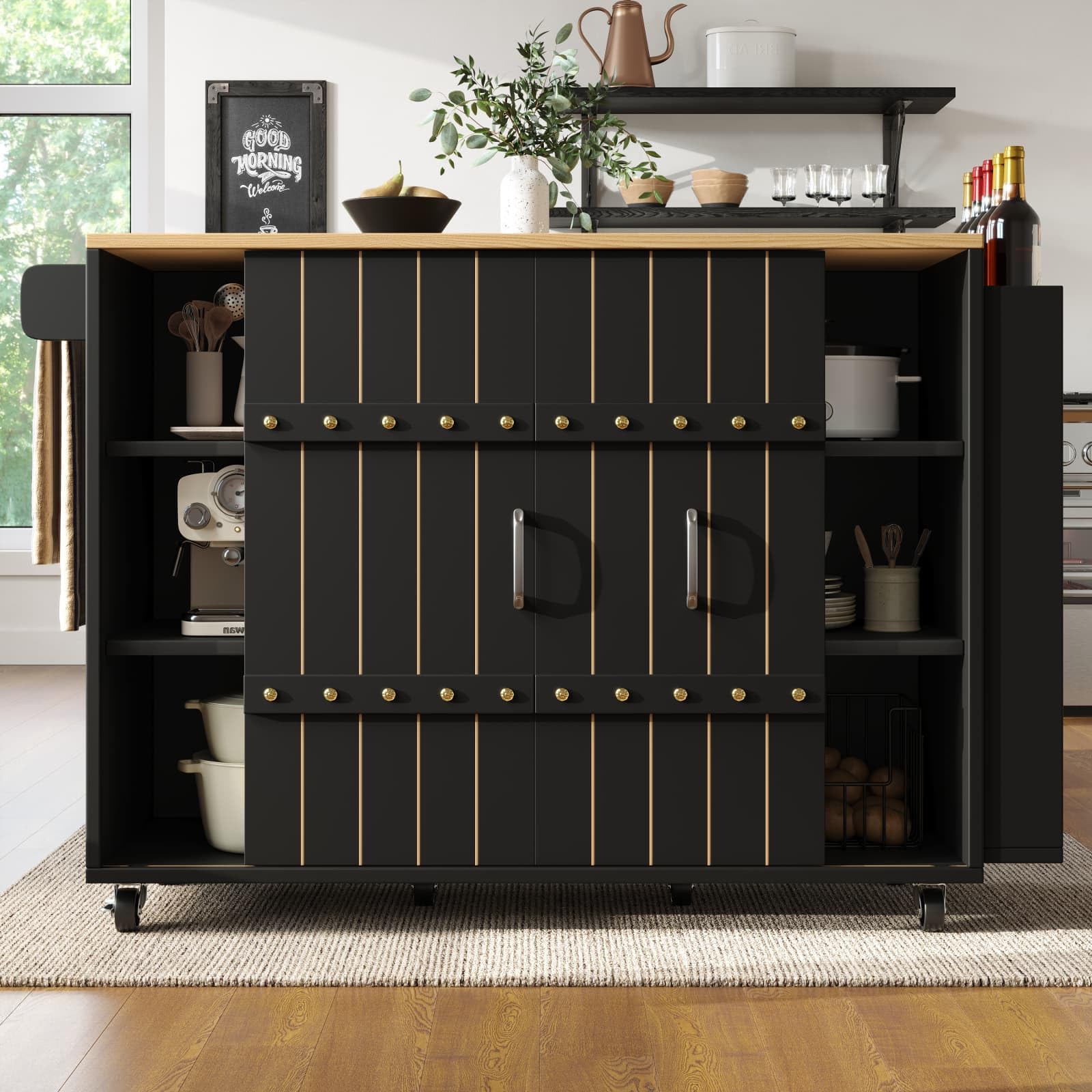 PUGSDRLY Desserte Cuisine à roulettes,Buffet Cuisine de Rangement avec Plateau de Table Pliable,3 Tiroirs et 2 Portes coulissantes,Espace de Rangement Multifonctionnel,avec Porte Serviettes (Noir-A)