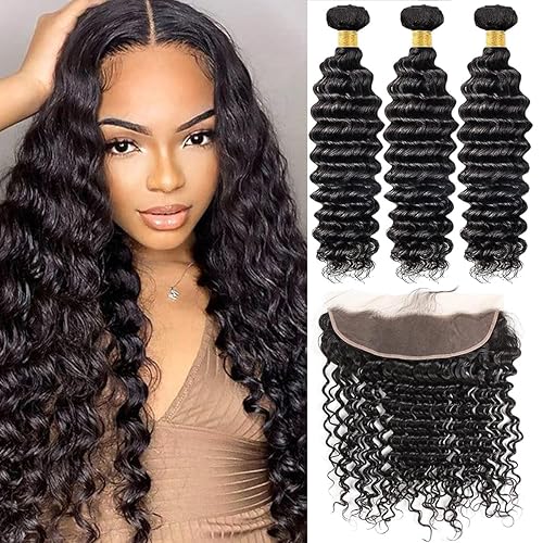 Extensiones de cabello humano con encaje frontal de 13 x 4 pulgadas, 3 paquetes de 20, 22, 24 + 18 pulgadas, 3 paquetes con encaje frontal, 100%