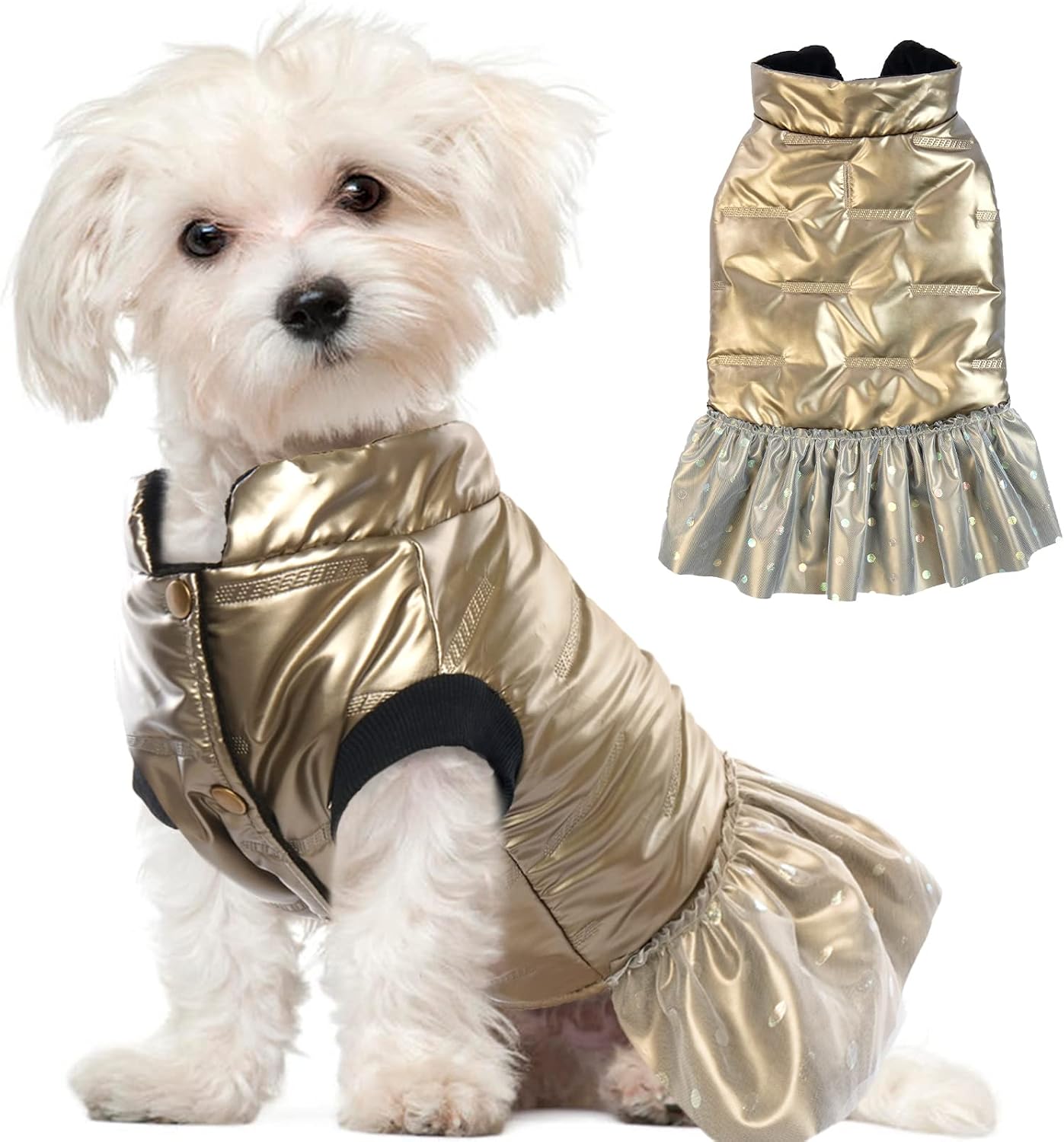 T'CHAQUE Warm Dog Winter Coat Dress Waterproof Puppy Clothes, Stylish Dog Dress Holiday Costume for Small Medium Dogs Girl, Cozy Pet…