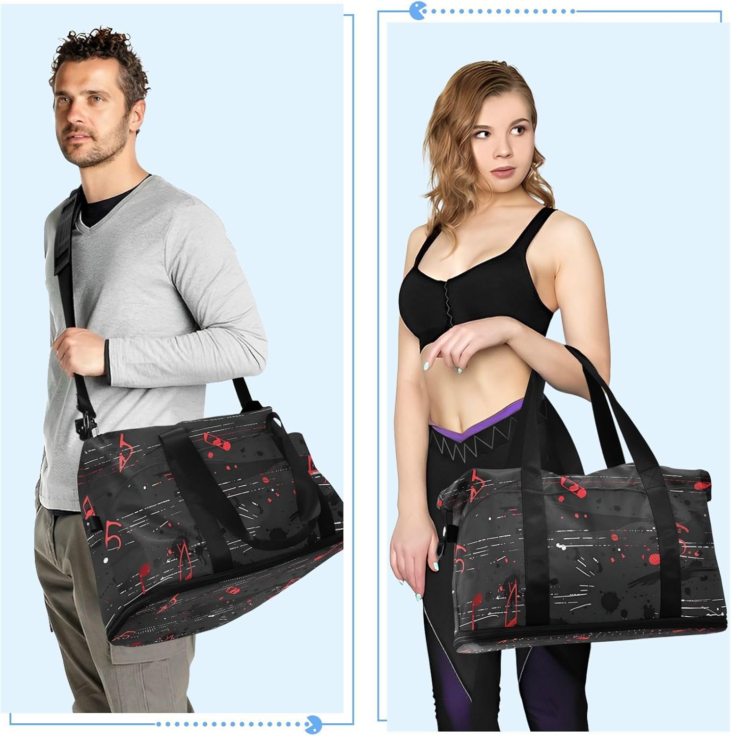 Gothic Style Red Notes Travel Tote Gym Bag Overnight Bag with Toiletry Bag for Hiking Waterproof