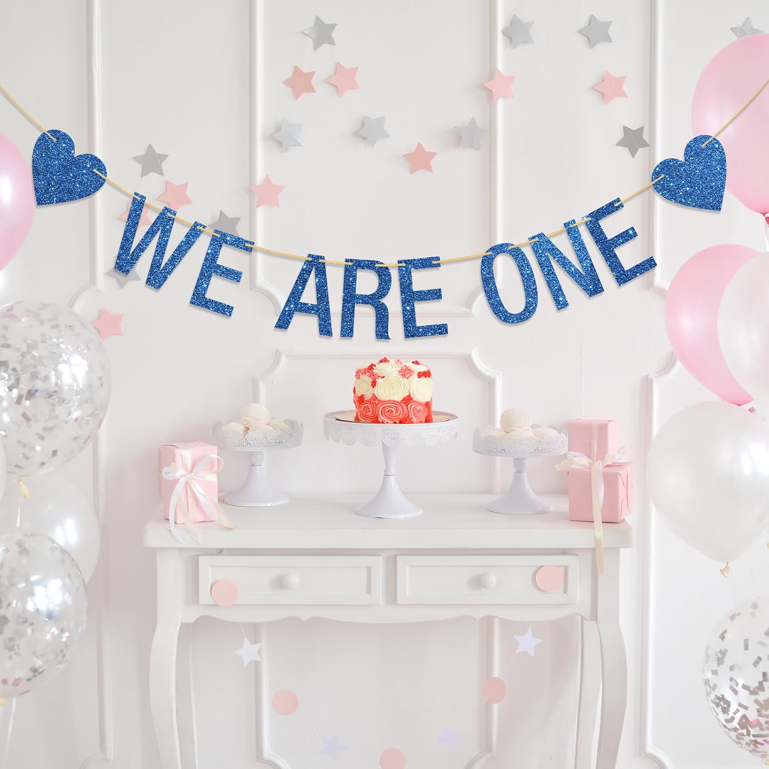 We are One Banner Twins 1st Birthday Party Decor Twin Boys Birthday Banner Hanging Supplies Blue Glitter