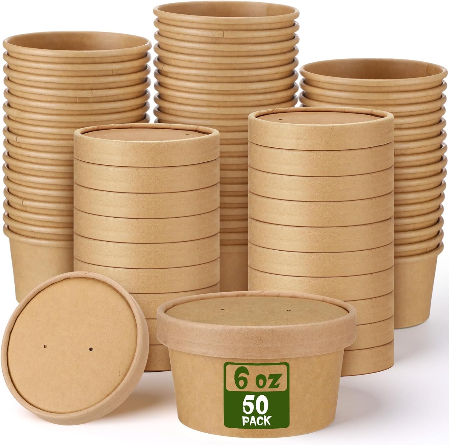 Fulmoon 50 Pack 6 oz Paper Soup Containers with Lids, Disposable Kraft Paper Soup Cups Ice Cream Bowls Food Storage with Lids, Microwavable and Freezer Safe (Brown)