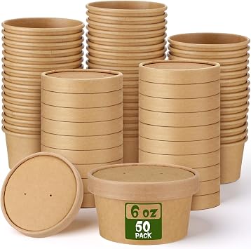 Fulmoon 50 Pack 6 oz Paper Soup Containers with Lids, Disposable Kraft Paper Soup Cups Ice Cream Bowls Food Storage with Lids, Microwavable and Freezer Safe Brown