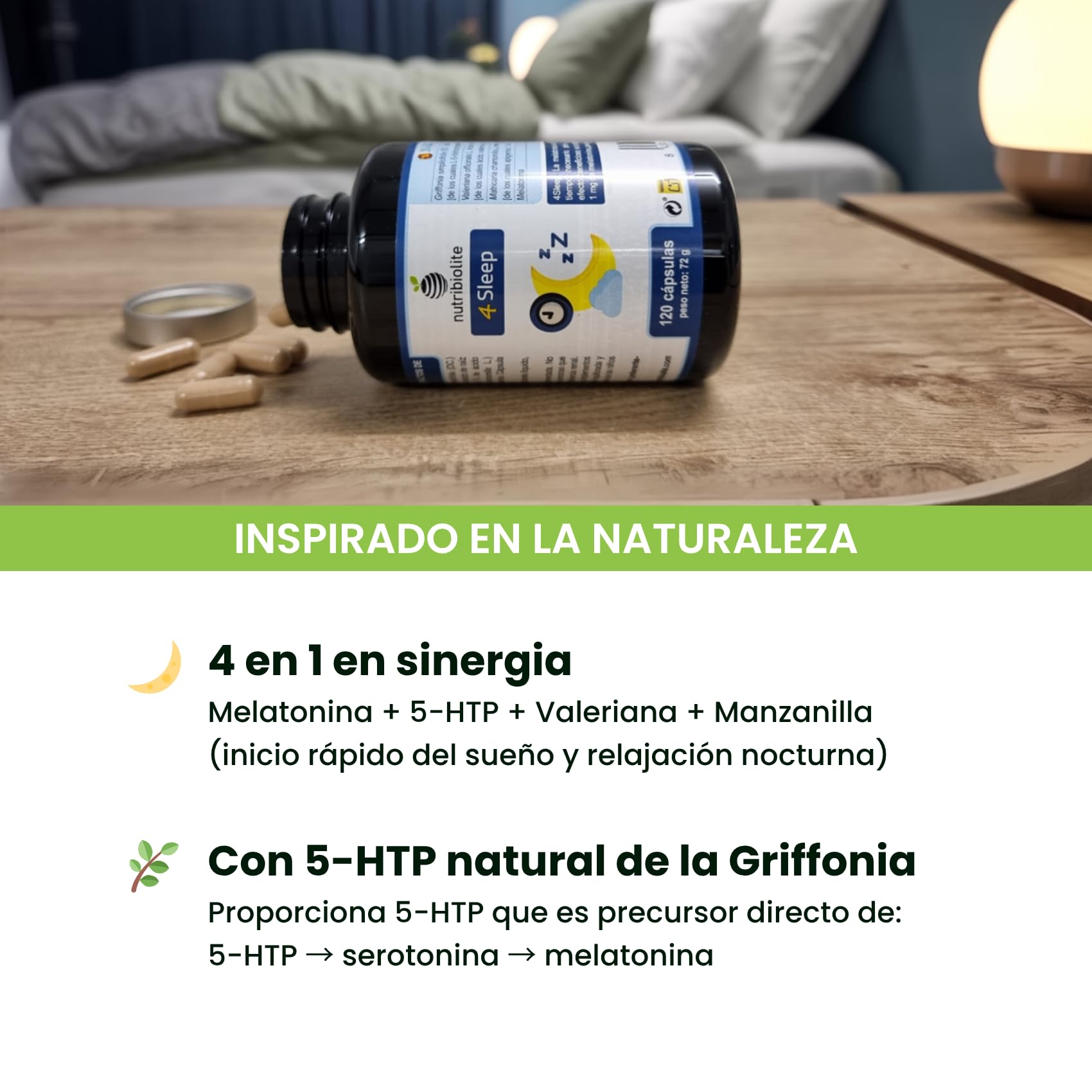 Complejo de Melatonina con 5-HTP Griffonia, Valeriana y Manzanilla – 120 Cápsulas Veganas | Suplemento Natural para Dormir Mejor, Reducir Insomnio, Estrés y Jet Lag – 4Sleep Nutribiolite