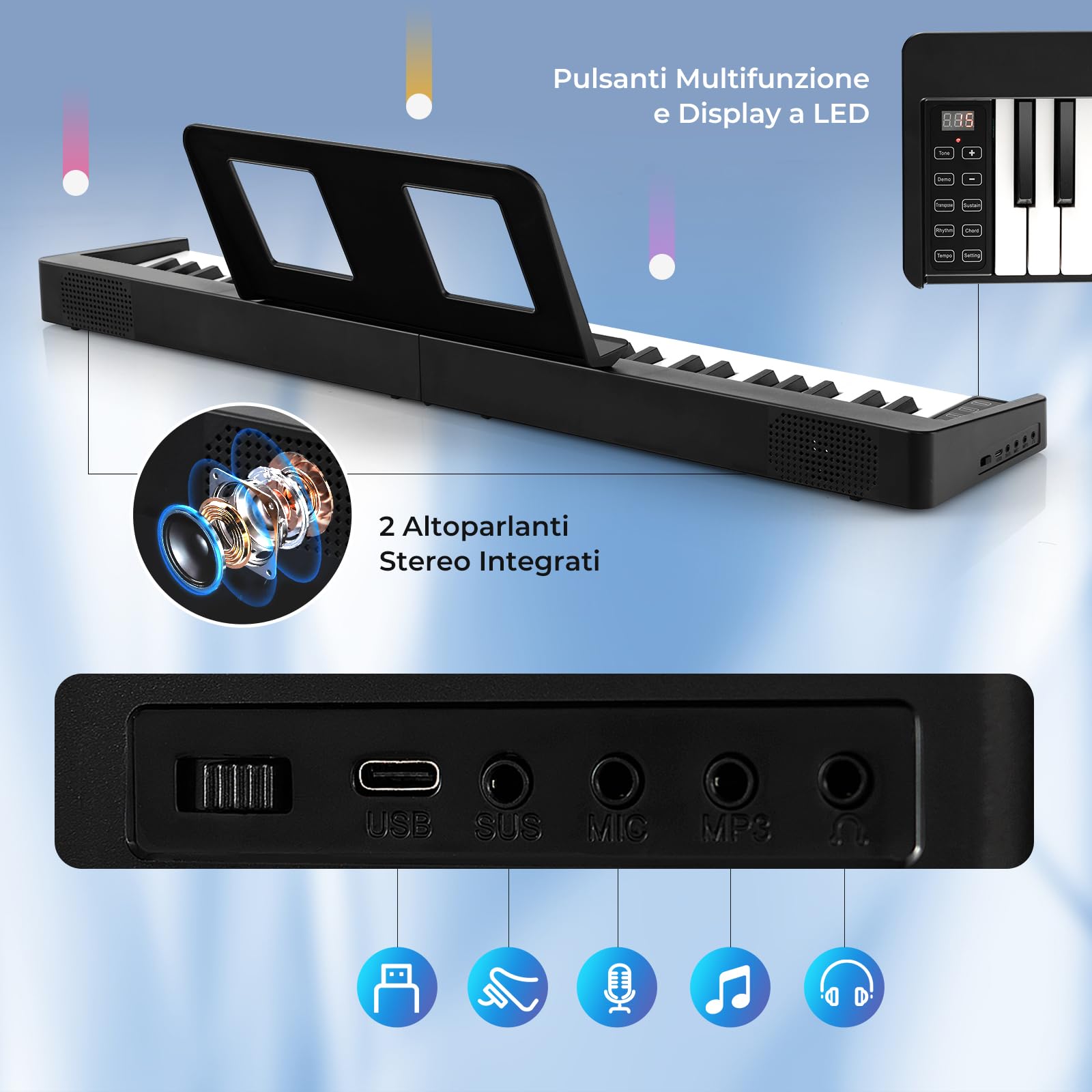 RELAX4LIFE Tastiera Pianoforte Digitale 61 Tasti, Pieghevole Portatile con Custodia, Bluetooth MIDI/Audio, Tasti Sensibili, Batteria 1750mAh, per Principianti Bambini Adulti