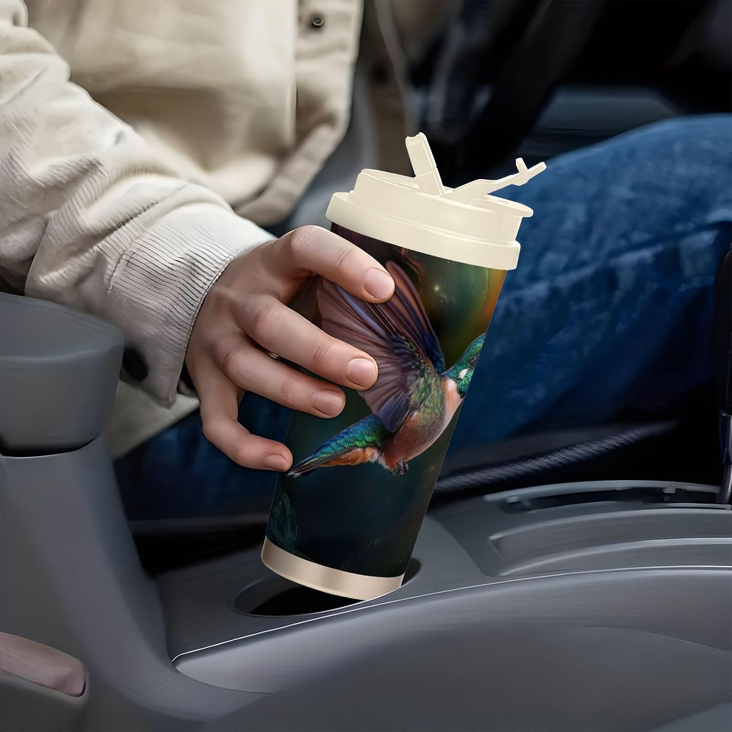 Hummingbird Flower Closeup Insulated Coffee Mug with Straw & Flip Lid, 16.9oz Iced Tumbler Cup, Double Wall Vacuum Mug for Travel Office