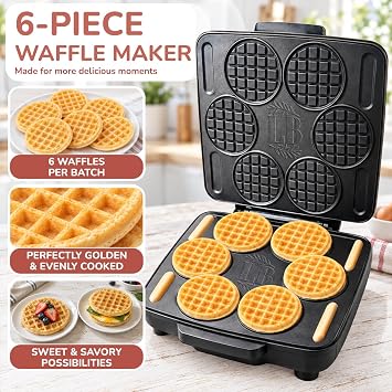 6 Mini Waffle Maker Machine, Nonstick Waffles Iron Quick Heat-Up Surface, Chaffle Baker for Home & Restaurants, Perfect for Quick Breakfast, Desserts & Snacks & Kids