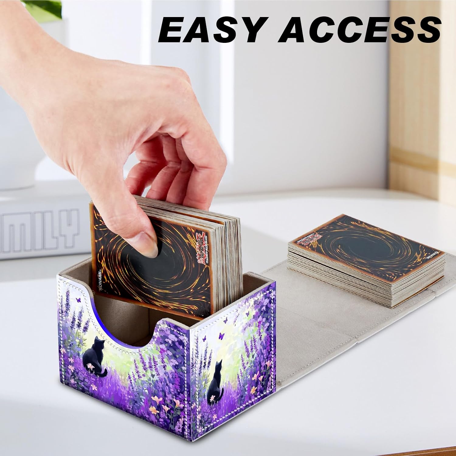 Card Game Storage Box for TCG Deck Box MTG Card Box Organizer Trading Card Case Commander Deck Box TCG Card Storage Box Magnetic Closure Creative Pattern Up to 200 Cards,Black Cat Purple Violet Flower image 4