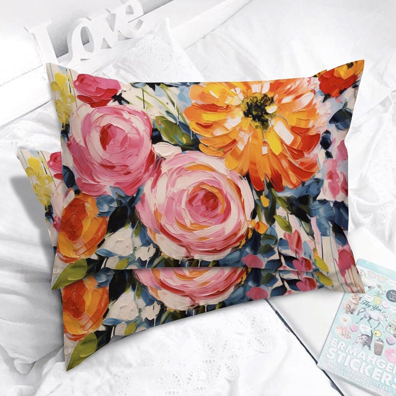 Chinoiserie Pillow Cover Bright Floral Pink Rose Colourful Lumbar Pillow Cover Set of 2 Dynasty Cotton Linen 20x30in Maximalist Cushion Cases for Sofa Bed Couch Chair Patio