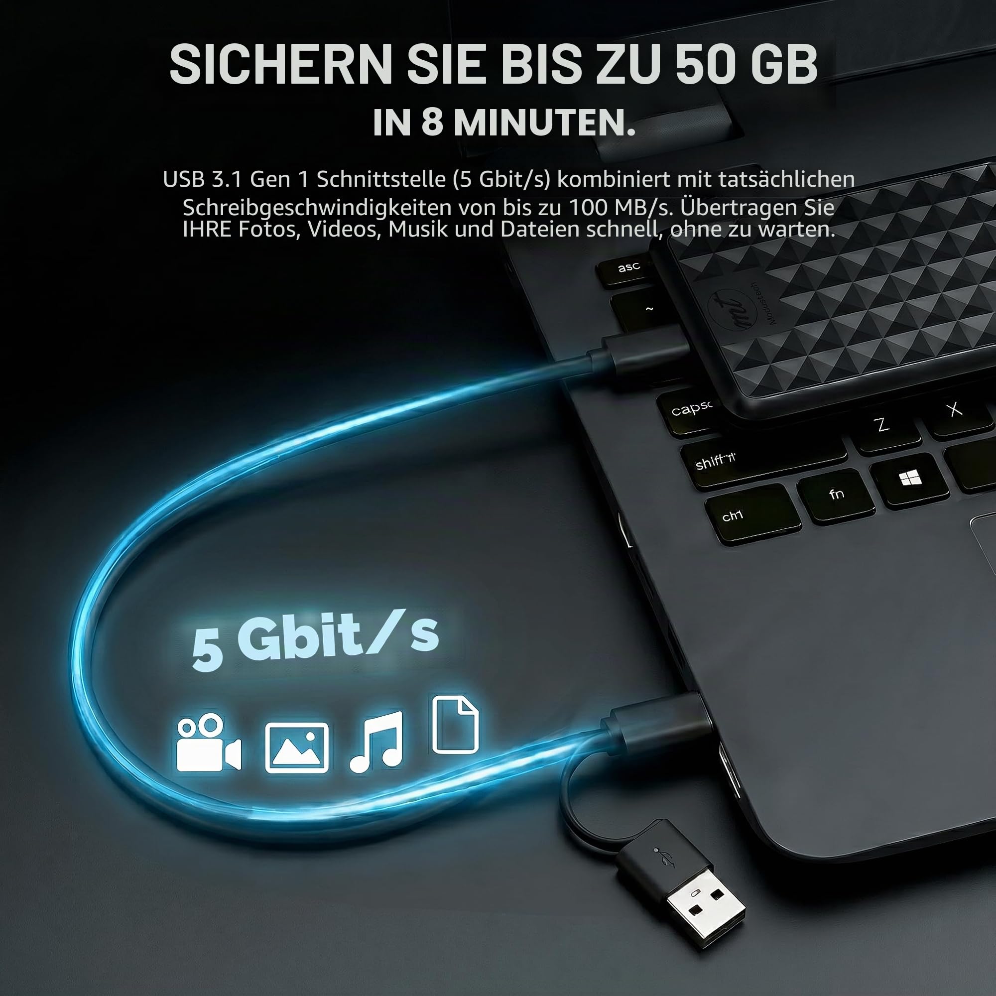 ModusTech Facet 1TB Externe Festplatte Tragbar USB-C/USB 3.1 5Gbps — Kompakte High Speed HDD für Backup, Datensicherung, Gaming, PC, Mac, Laptop, PS4, Xbox, Smart TV (Schwarz)
