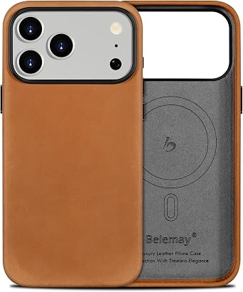 Belemay Handcrafted Crazy Horse Leather Case for iPhone 17 Pro, Compatible with MagSafe, Vintage Aesthetic, Two-Tone Effect, Unique Patina, Camera Control Button, Metal Buttons 6.3", Sunset Tan