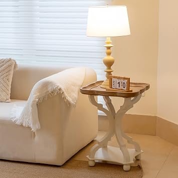 Farmhouse End Table Rustic Accent Side Table, Natural Tray Top Nightstand for Family, Dining or Living Room, Handcrafted Finish, Modern, White