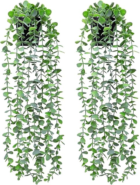 2Pcs Artificial Potted Plants Fake Vine Hanging Leaves, Faux Plants Artificial Eucalyptus Vine in Pot Room Scenes Decorative Home Kitchen Garden Office Wedding Wall Decoration