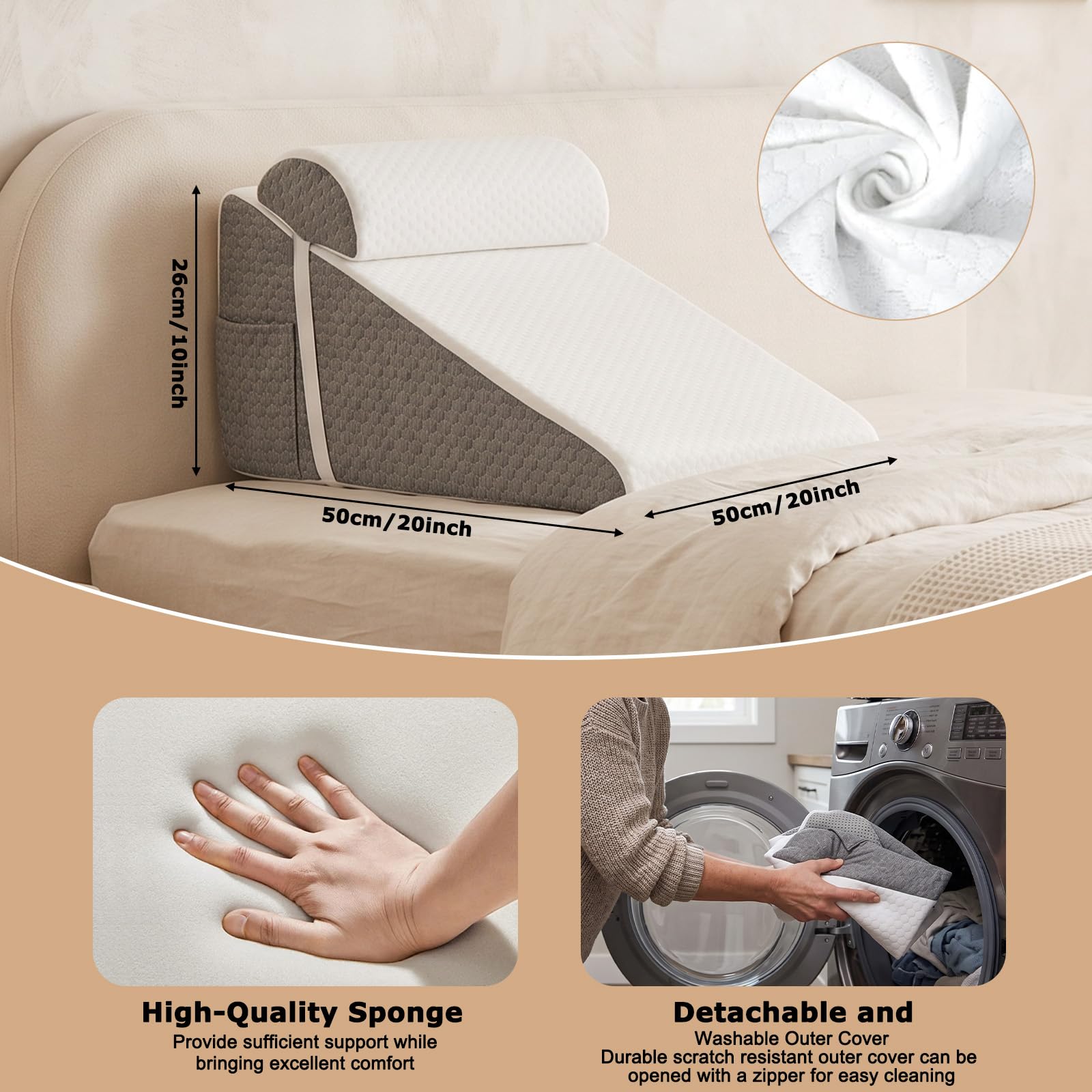 Cojín de apoyo de cuña para cama con cojín suave, almohada de cuña de espuma para apnea del sueño, reflujo ácido, alivio del dolor de espalda, elevación de piernas, almohada triangular inclinada para