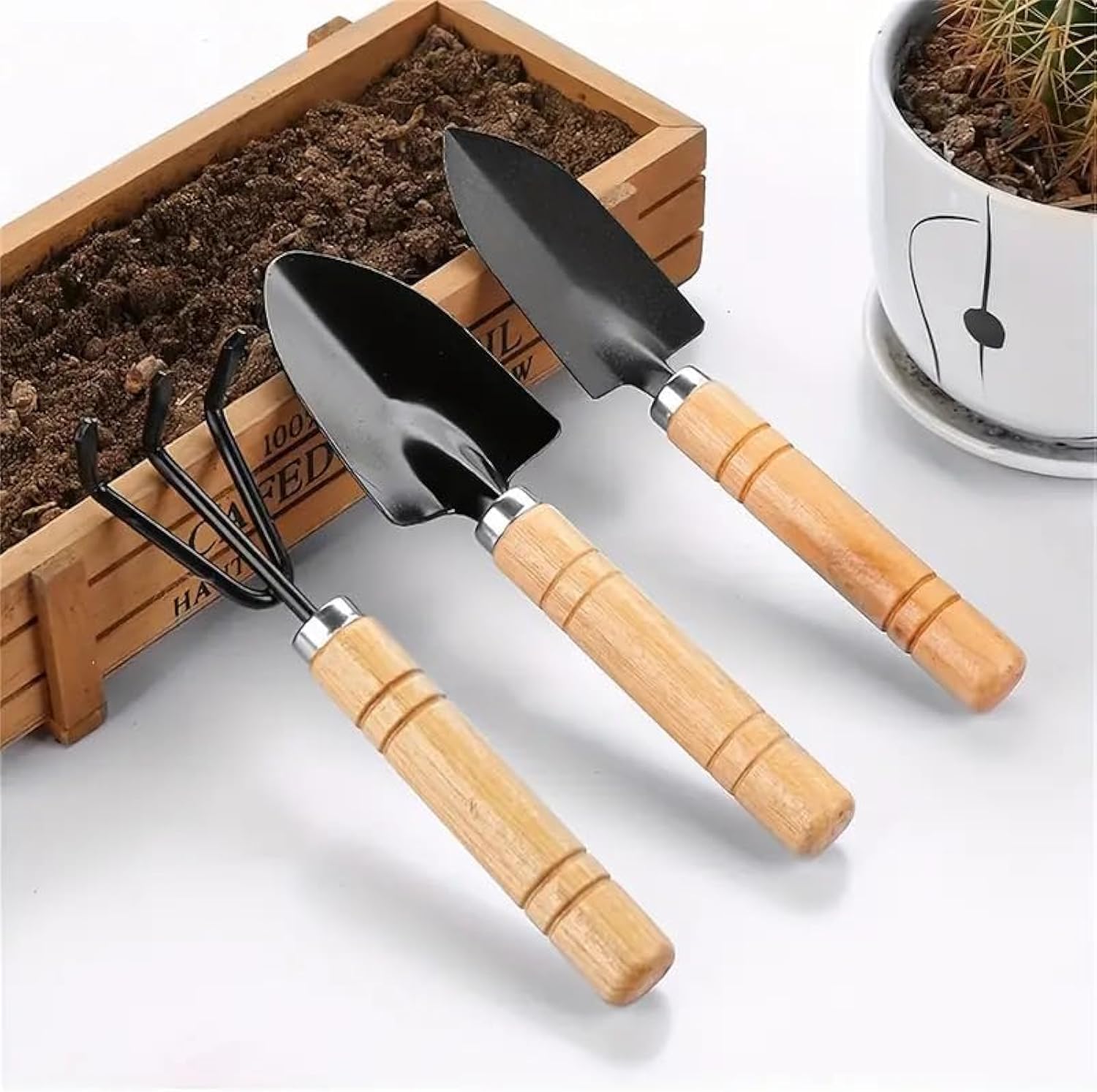 LUKADAH Garden Tool Set | Gardening Hand Cultivator, Small Trowel, Garden Fork with Wooden Handles, Garden Tool Set Miniature Fairy Planting Transplanters Hand Kit, green (Style 1)