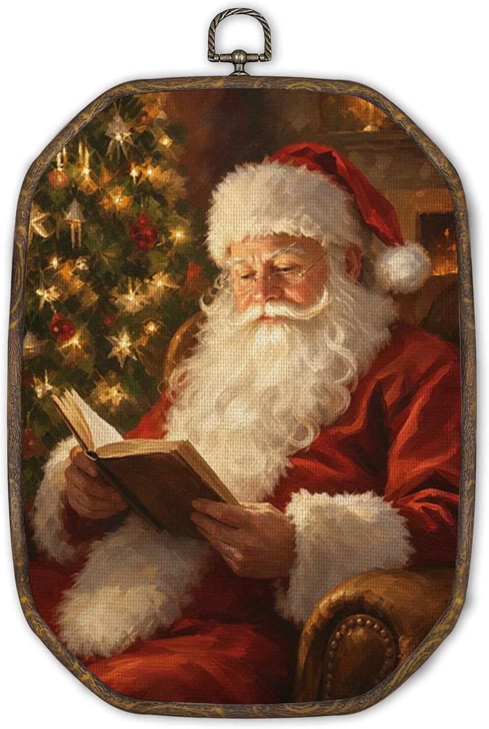 TOUZISOU Vintage Christmas Santa Reading Book Octagonal Wall Art Decor 7x10