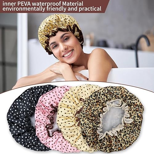 Miniatura 6 de Gorro de ducha de 4 piezas para mujer, doble capa de protección, elástico y reutilizable, adecuado para gorros de ducha, cocinas y maquillaje