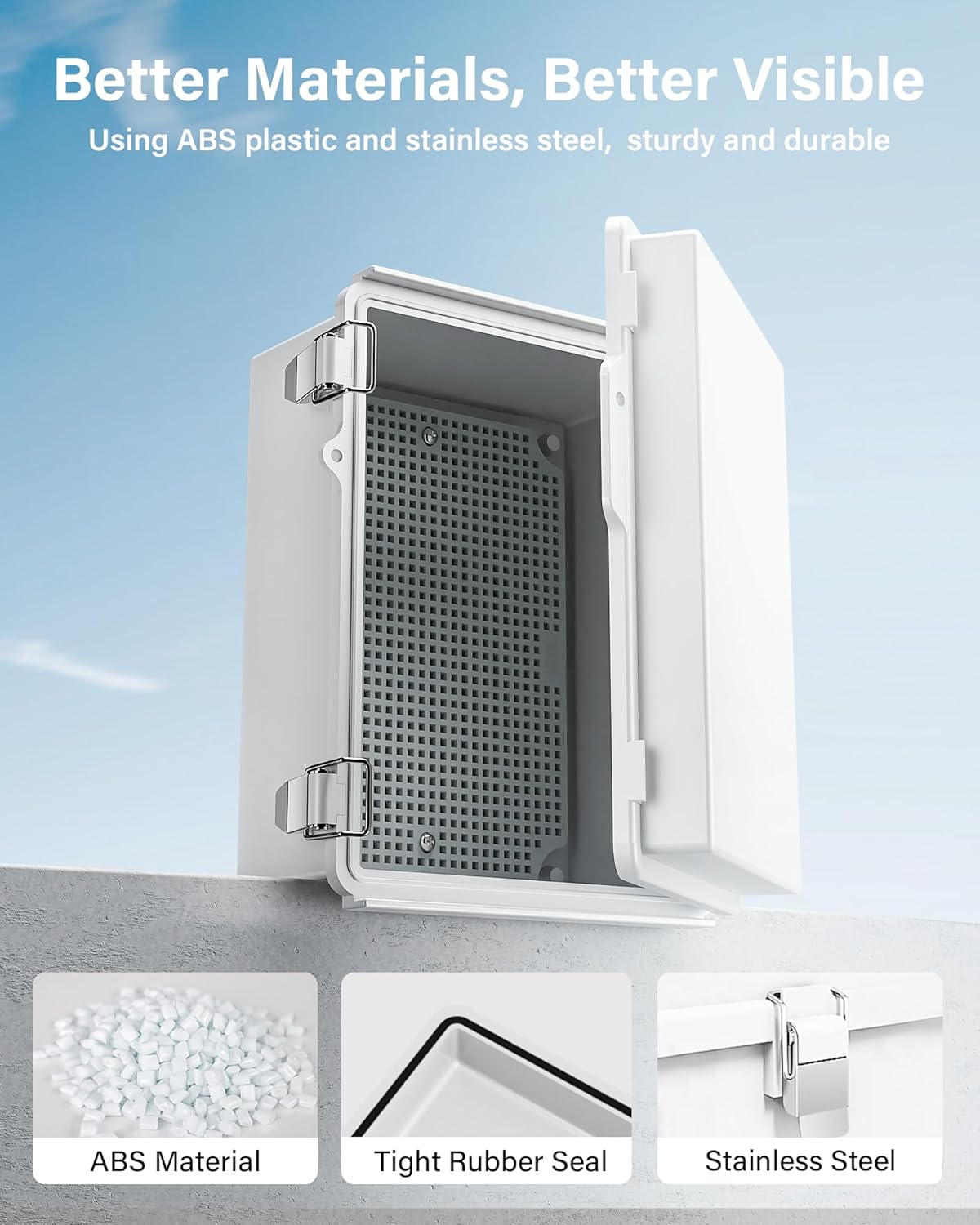 GEVEELIFE Waterproof Junction Box ABS Plastic, Outdoor Electrical Box IP67 Hinged Cover Project Box with Mounting Plate Wall Brackets and 2 Cable Glands, Grey Electrical Enclosure 8.7"x6.7"x4.3"