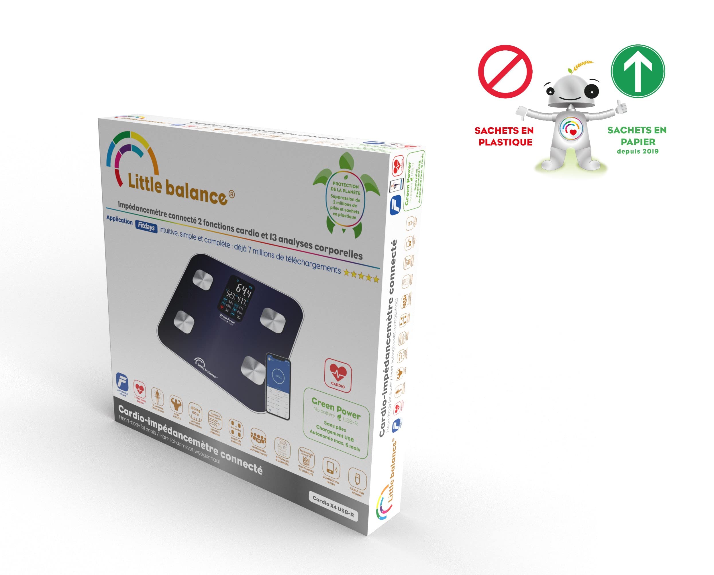 LITTLE BALANCE 8661Cardio X4 USB-R, Impédancemètre connecté sans pile, Rechargeable USB, Réparable, 180 kg, Bleu nuit