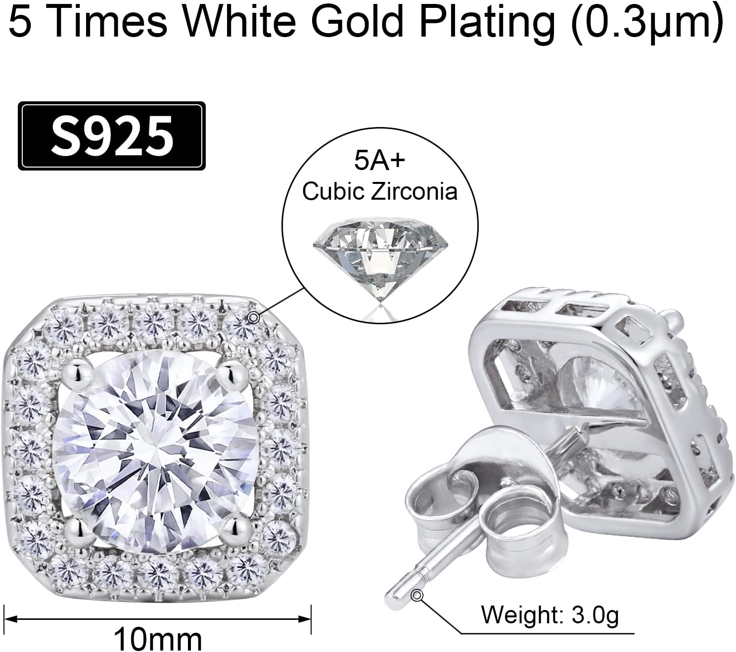 VEXXS Diamond Stud Earrings for Men, S925 Sterling Silver 14K Real Gold Plated Iced Out Earrings Micro Pave 5A CZ Stones Men’s Studs, Hypoallergenic - Image 2