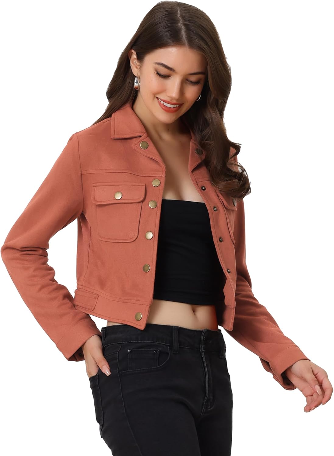 Allegra K Women's Faux Suede Jacket Button Down Collar Pockets Crop Moto Biker Coat