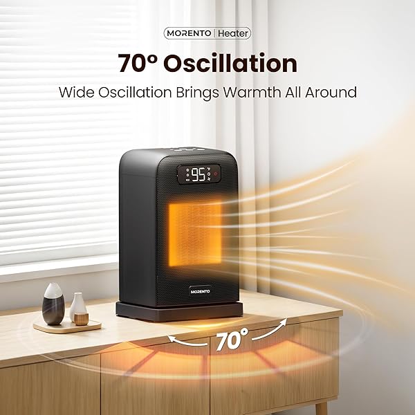 MORENTO MORENTO Space Heater, 70° Oscillation, LED Display, 12H Timer, Thermostat, Overheat Protection, ECO, Small Space Heaters for Indoor Use, 1500W Ceramic, Heater for Bedroom, Office, Home (Black, 1 Pack) in use