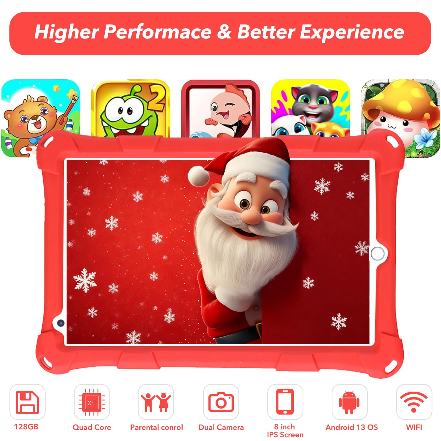 Tablet Bambino, 8 pollici, Android, 6+10 RAM, 128 GB ROM (scheda TF 256 GB), certificato Google, software per bambini preinstallato, Wi-FI, custodia antiurto, regalo per bambini (rosso)