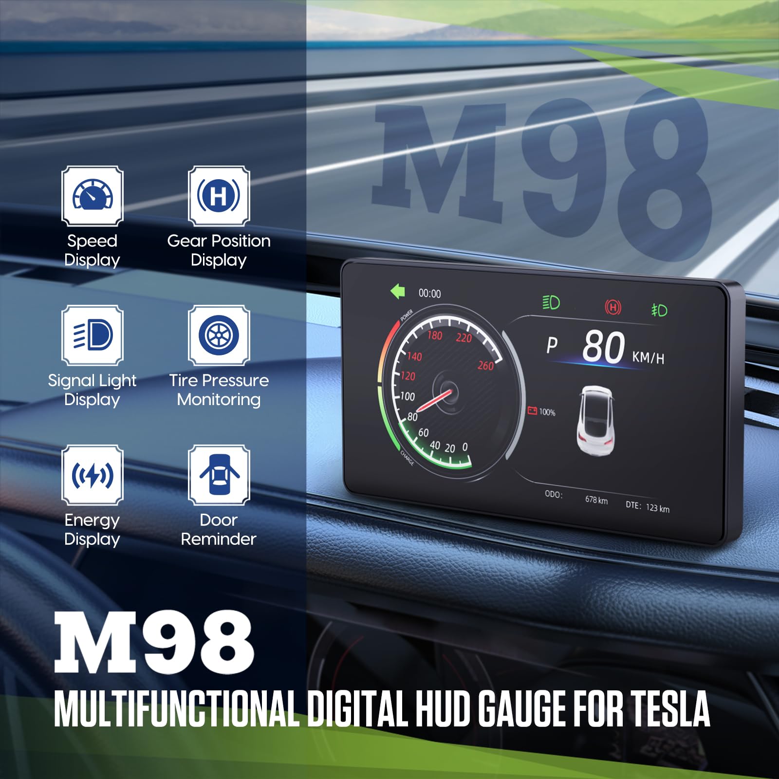 M98 Multifunctional Digital HUD Gauge for Tesla 3 Mode Car HUD Head Up Display Multifunction Speedometer Odometer with 5'' Display,Tire Pressure Monitoring,Speed Display,Gear Position Display
