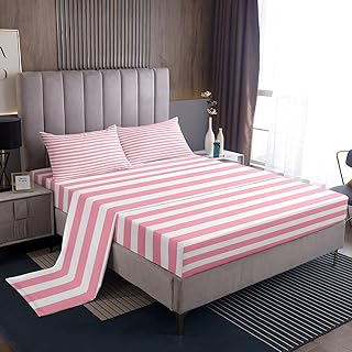 Erosebridal Pink Striped Bed Sheets for Kids Girls Red White Stripe Sheet Set Twin Farmhouse Ticking Stripes Women Fitted Sheet Decor Horizontal Stripes Geometric Lines Bedding Set