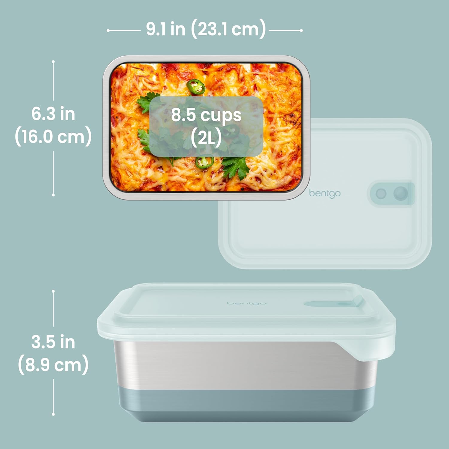 Bentgo MicroSteel Heat & Eat Container – Microwave-Safe, Leak-Proof & Airtight, Easy-to-Clean Lightweight Stainless Steel Reusable Food Storage with Silicone Lid (Family Size; 8.5-Cup Capacity; Aqua) - Image 7