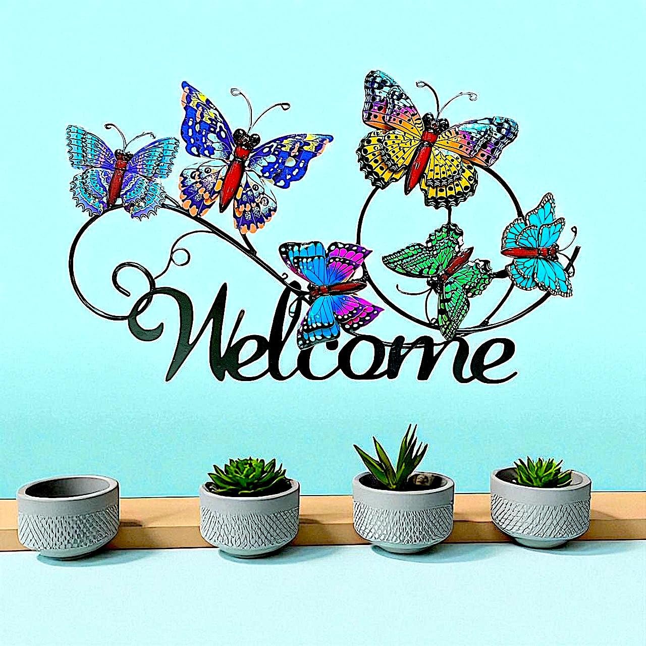 Welcome Butterfly Sign Large Rustic Metal Wall Wreath with Colorful Butterflies Indoor Outdoor Entry Door Decoration Home Business Kitchen Porch Patio Garden Business (23" x 14")
