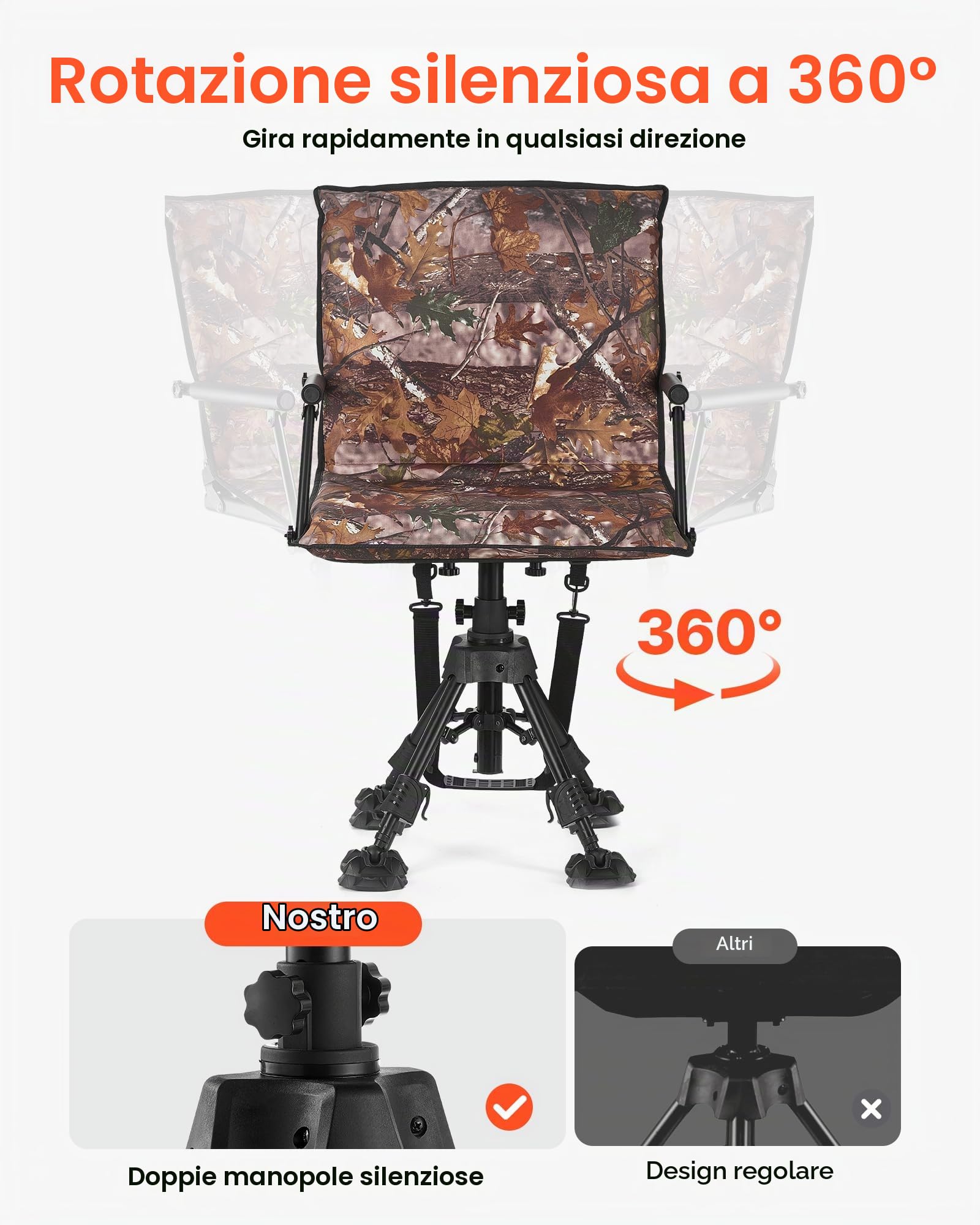 VEVOR Sedia da Caccia Campeggio Pieghevole, Sedia da Pesca con Braccioli, Altezza Regolabile Capacità di Carico 158 kg, Rotazione Silenziosa a 360°, Altezza Seduta 420-625 mm, Giardino, Esterno