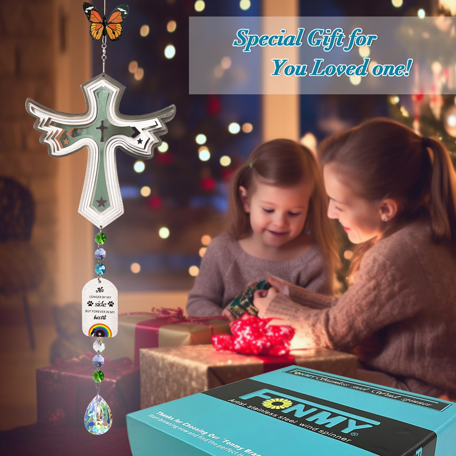 FONMY Cross Pet Sympathy Gift Dog Memorial Wind Spinner Dog Memorial Suncatcher Gifts for Dog Lovers Stainless Steel Wind Chime-Silver-24 in