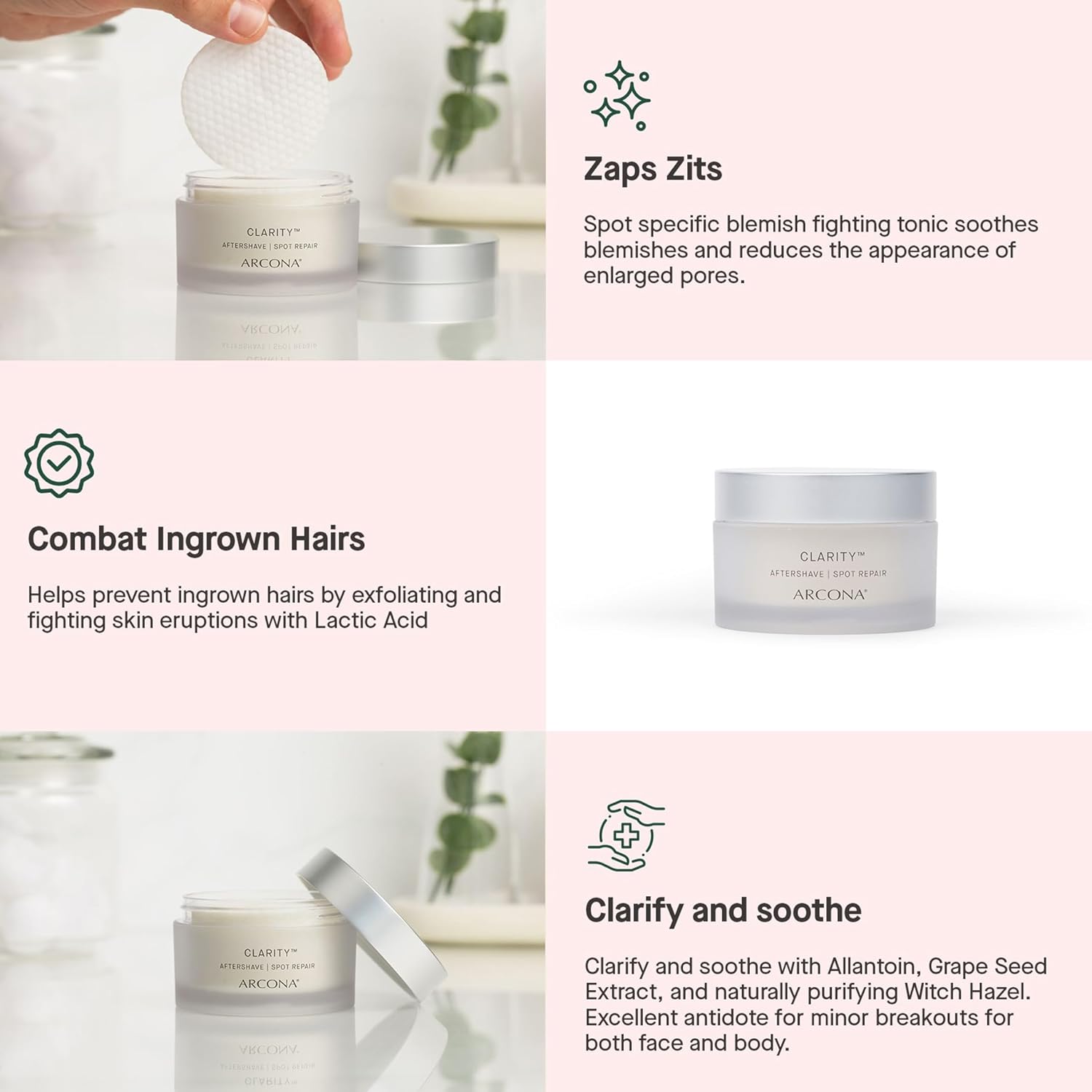 ARCONA Clarity Aftershave Pads - Lactic Acid, Witch Hazel, Methol, Aloe + Grape Exfoliate, Fight Blemishes + Soothes Skin - 45 Pads. Made in The USA