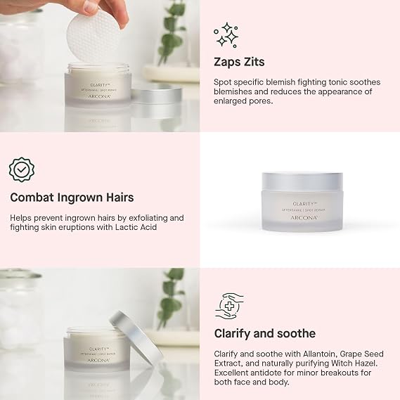 ARCONA Clarity Aftershave Pads - Lactic Acid, Witch Hazel, Methol, Aloe + Grape Exfoliate, Fight Blemishes + Soothes Skin - 45 Pads. Made in The USA