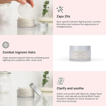 ARCONA Clarity Aftershave Pads - Lactic Acid, Witch Hazel, Methol, Aloe + Grape Exfoliate, Fight Blemishes + Soothes Skin - 45 Pads. Made in The USA