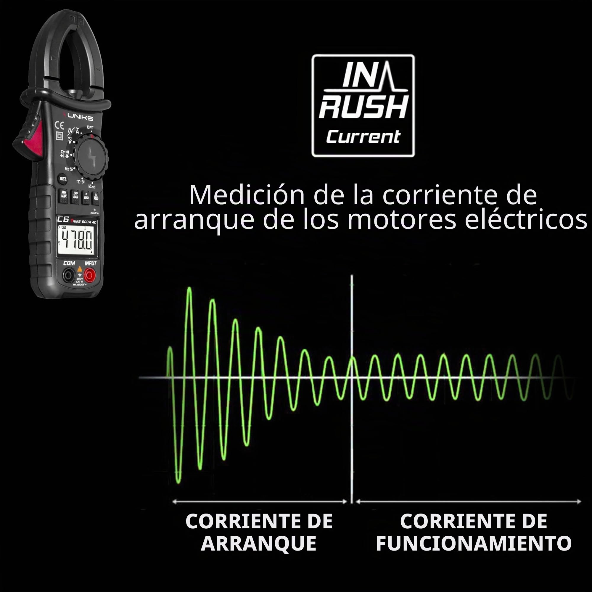 UNIKS - Pinza amperimétrica profesional digital TRMS C6 - Comprobador digital profesional 600 A - Medidor de corriente AC-DC Pantalla LCD y luz LED - Amperómetro ideal para fotovoltaica
