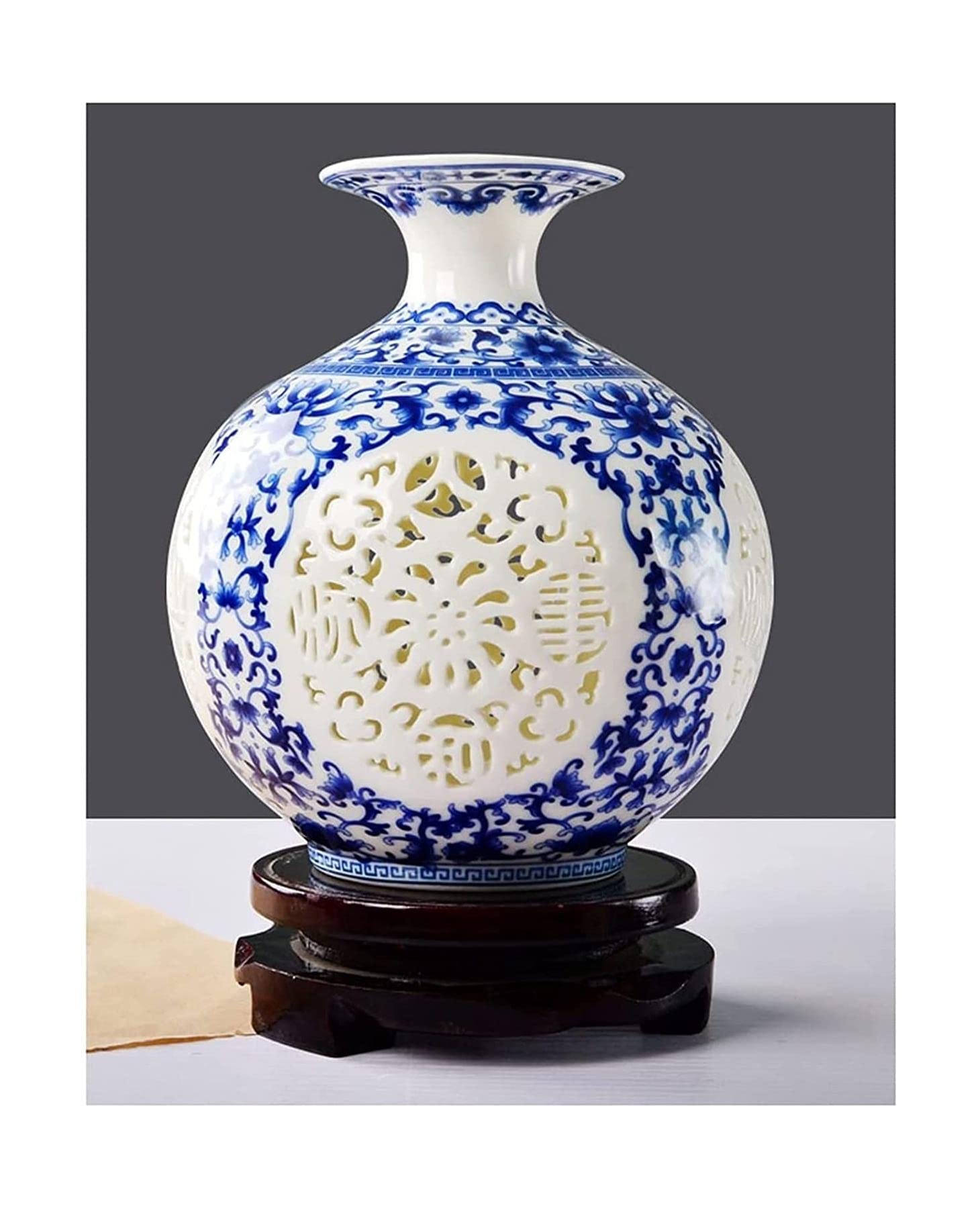 Ngdfgr As Known Fashion Blue And White Porcelain Vase Ceramic Handmade The Vase Hollow Carved Classical Flower Vases Versatile Shape Hand-Carved Decoration