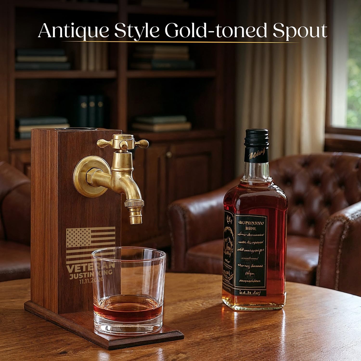 Custom Engraved Veteran Flag with Name and Date, Liquor/Bourbon Wooden Whiskey Dispenser Personalized Drink Pourer Premium Home Bar Gift for Men, Husband, Dad, Son