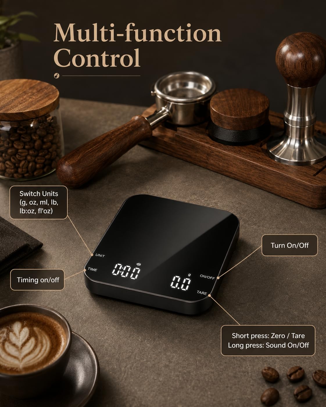 Coffee Scale with Timer, 0.1g Precision Mini Espresso Scale | USB-C Rechargeable Digital Kitchen Gram Meter, 6 Units, Fits Drip Tray, for Pour Over, Barista, Matcha (Black, 0.3-2000g)