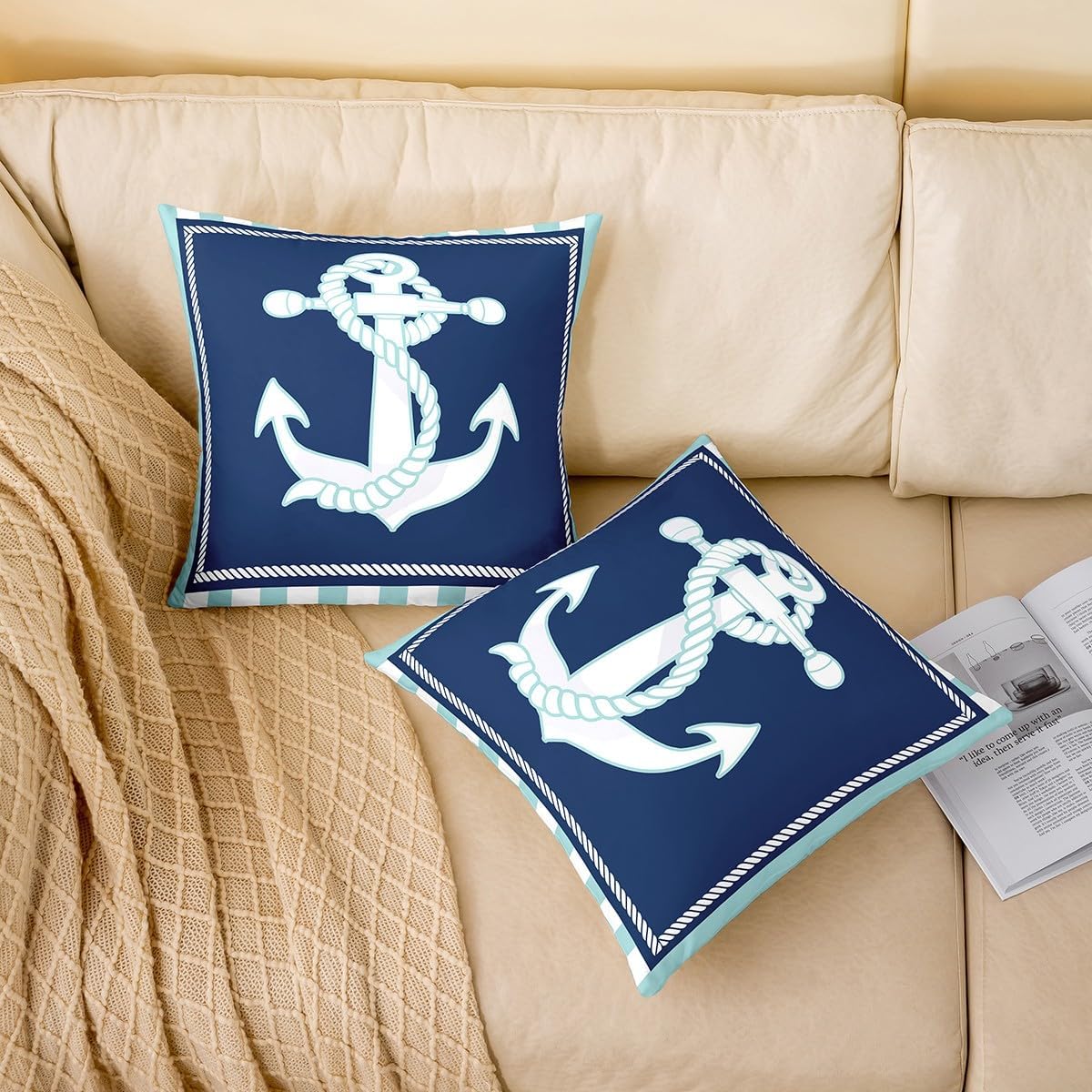 Anchor Rope Pillow Cover 24x24 Inch Set of 2 Nautical Coastal Style Cushion Cover for Living Room Sofa Ocean Sea Sailing Theme Cushion Case for Kids Teens Adults Navy Blue
