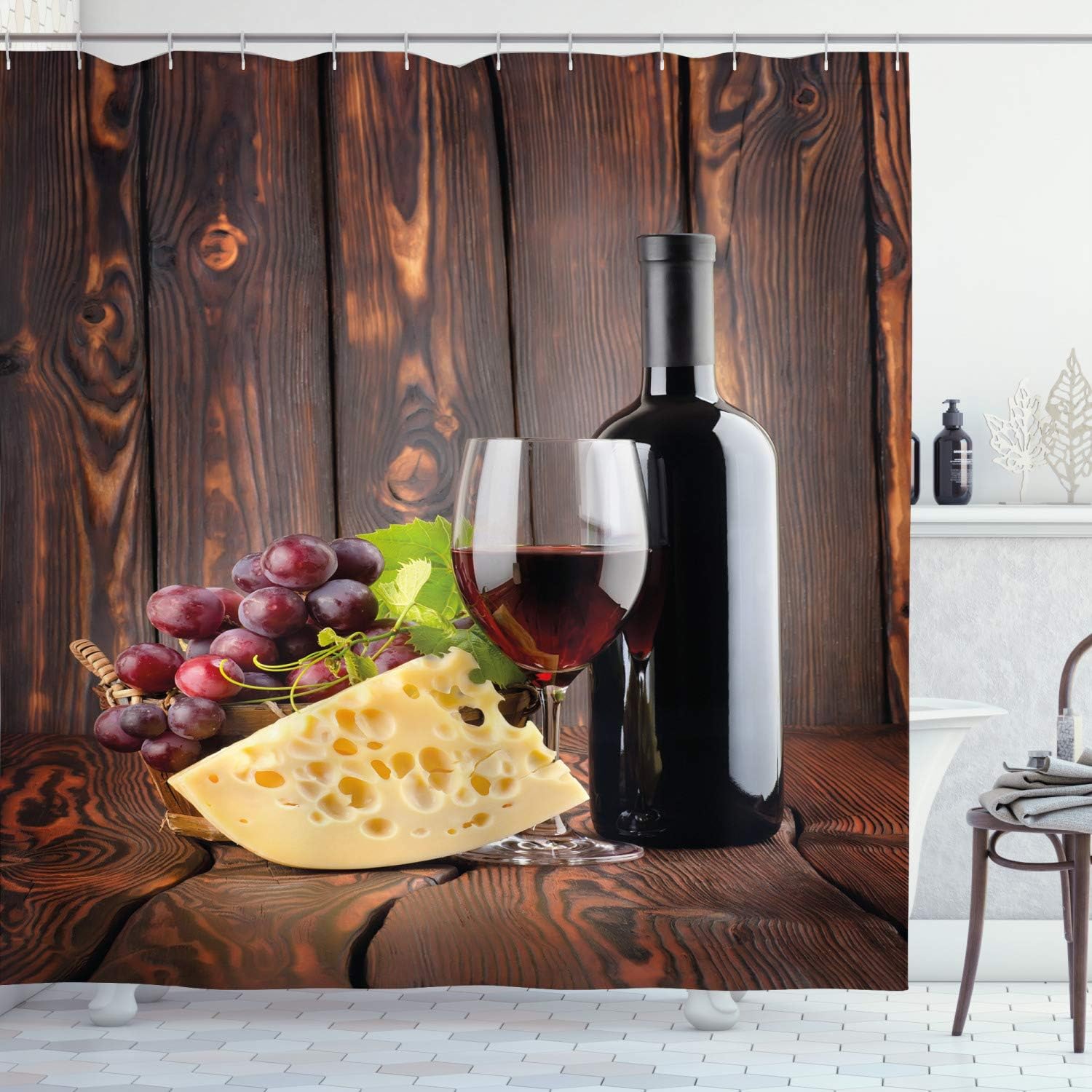Ambesonne Wine Shower Curtain, Red Wine Cabernet Bottle and Glass Cheese and Grapes on Wood Planks Print, Cloth Fabric Bathroom Decor Set with Hooks, 69" W x 75" L, Brown Burgundy Cream
