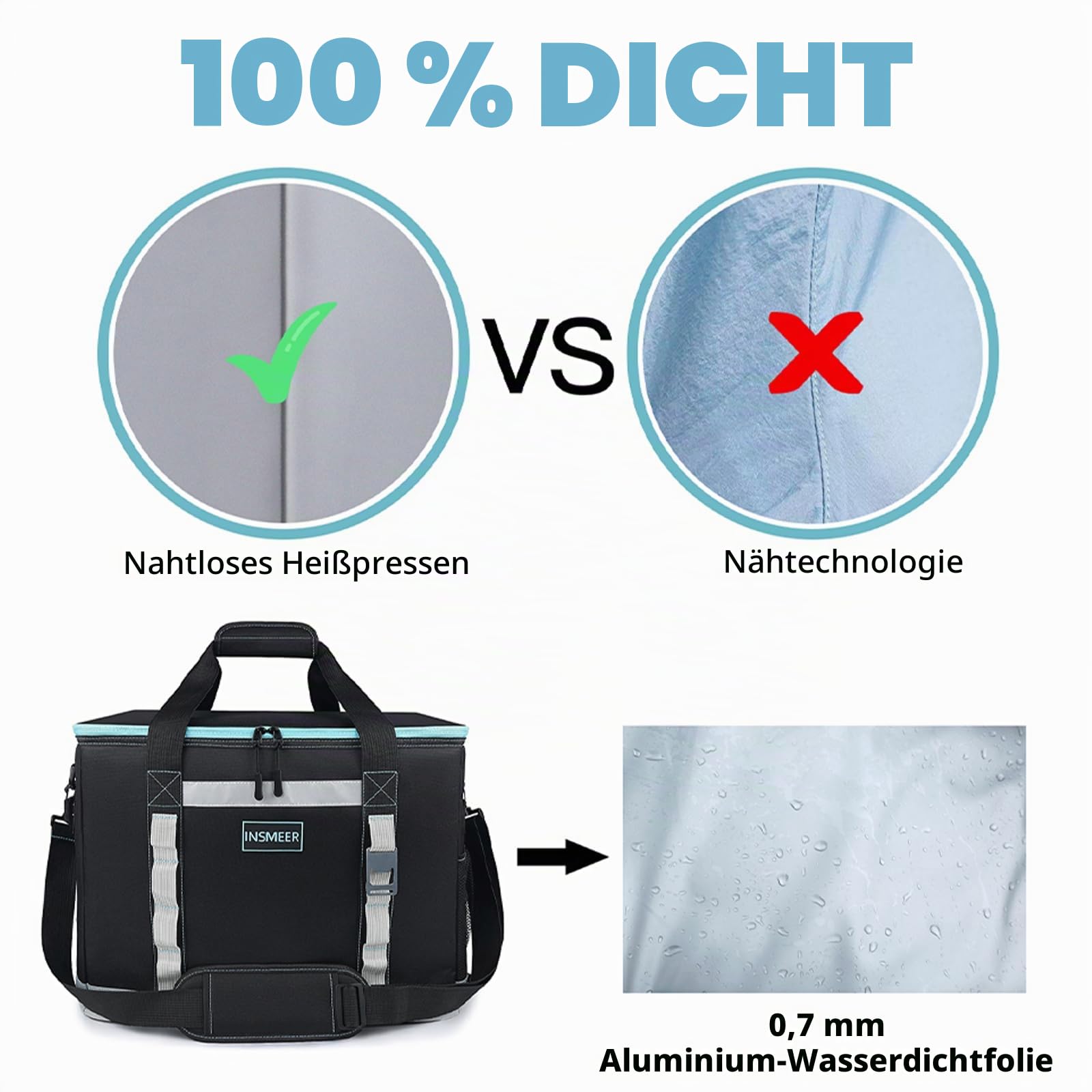 INSMEER 48L Kühltasche Gross Faltbare, 65 Can Kühltasche Thermotasche Isoliertasche für Getränke, XXL Wasserdicht Hitzebeständig Einkaufstasche für Ausflug, Picknic, Camping, Wandern, Strand