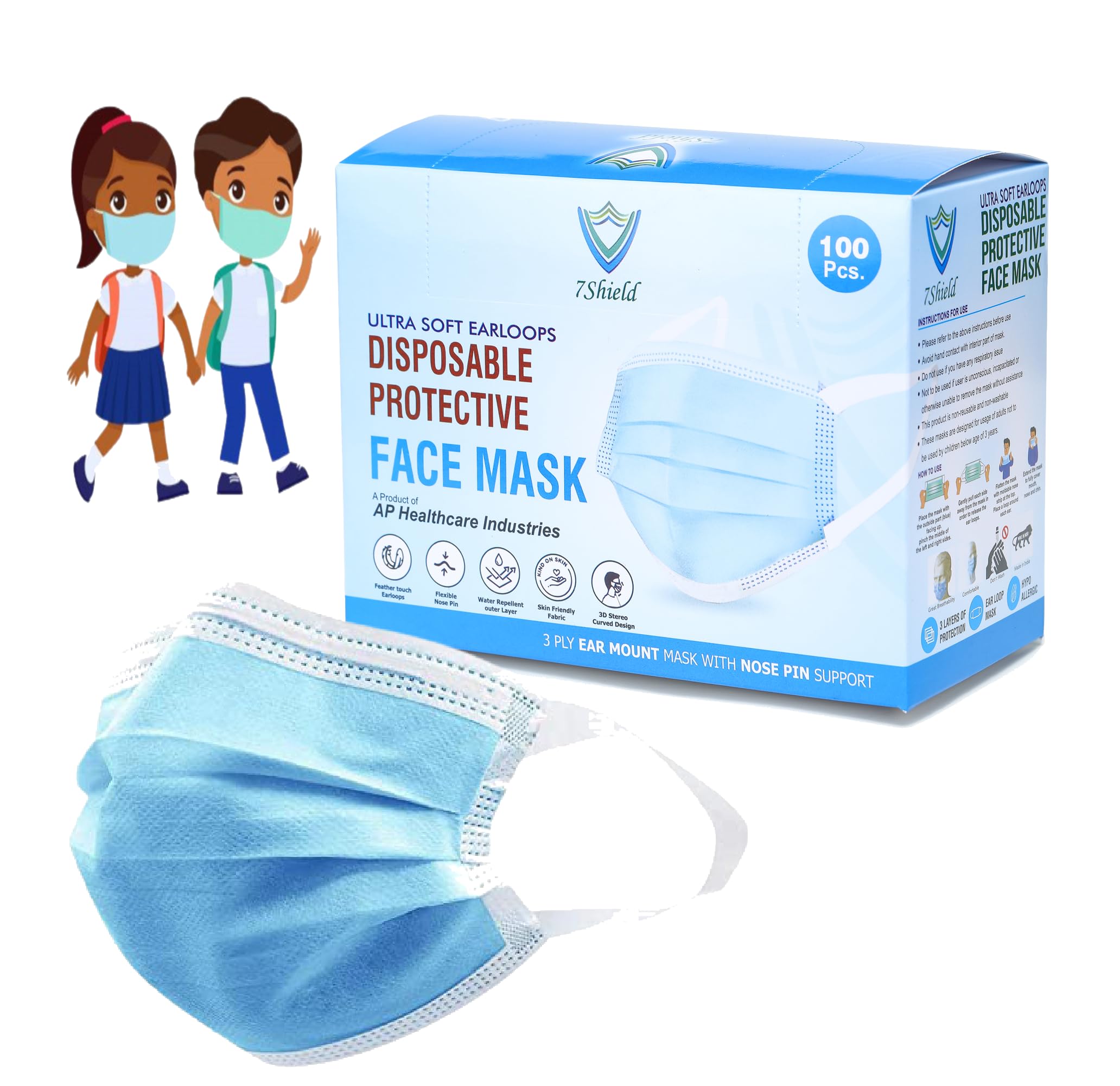 7Shield Kids Size CE, ISO, GMP Certified mask with Extra Soft Fabric Ear Loop, Inbuilt Nose pin Unisex Children Size (Hygienic Box Pack 100) (Color-Blue) (B09HQTHQXF) Amazon Price History, Amazon Price Tracker