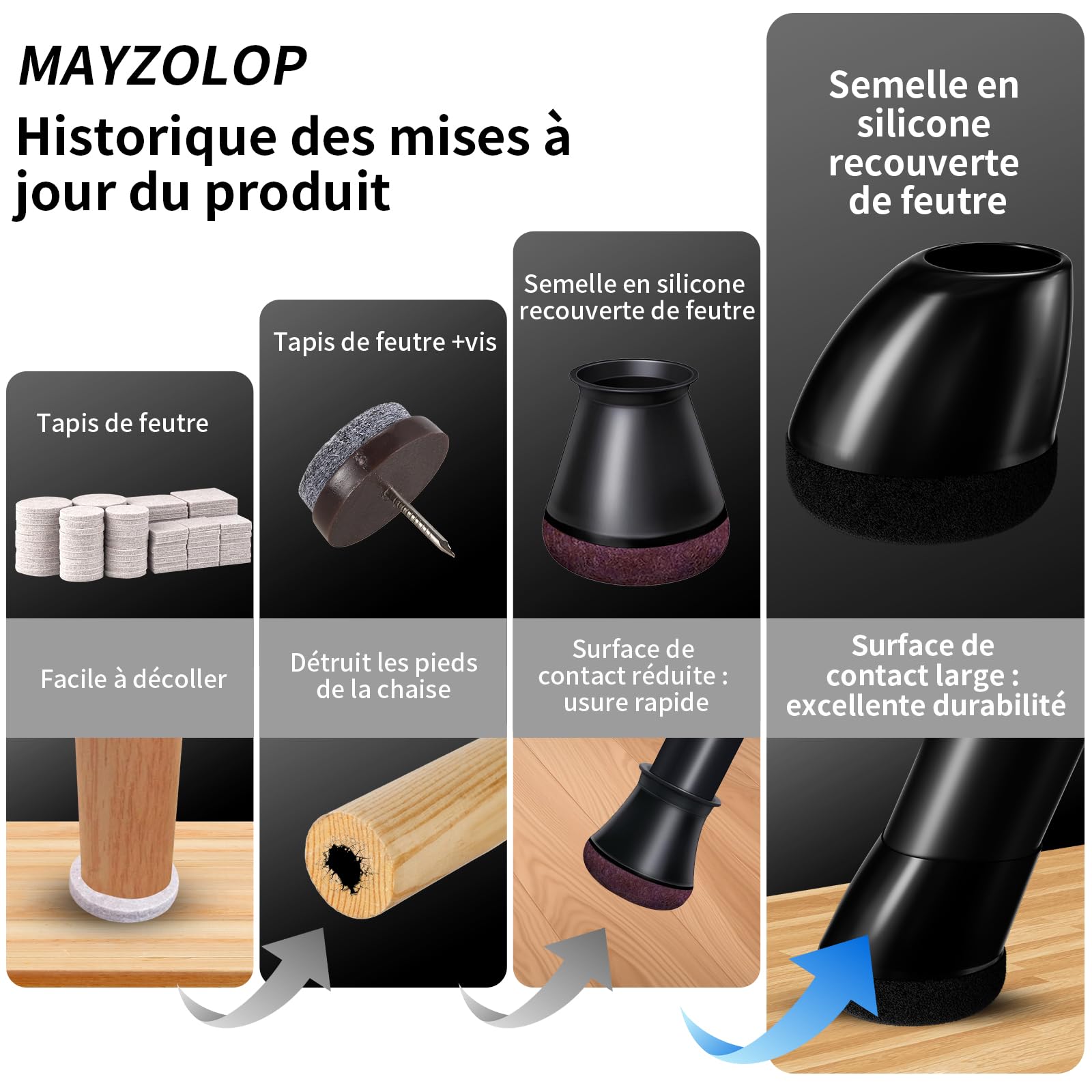 Tampon Chaise 16 Pièces, Ø14-20mm Protection Pieds de Chaise Rond - Patin Chaise Feutre Noir pour 15°-25° Pente, Anti-Bruit & Anti-Rayure Sol, Noir