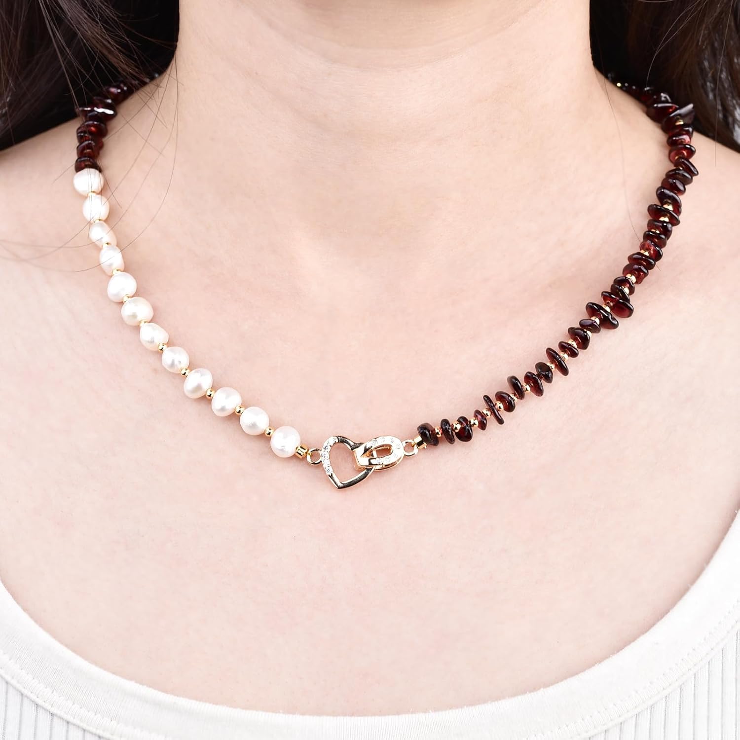 Natural Freshwater Pearl & Red Garnet Necklace - 18K Gold Plated Interlocking Heart Clasp - Asymmetrical Beaded Gemstone Choker Jewelry Gift for Women - 18 Inch (45cm) - Image 5