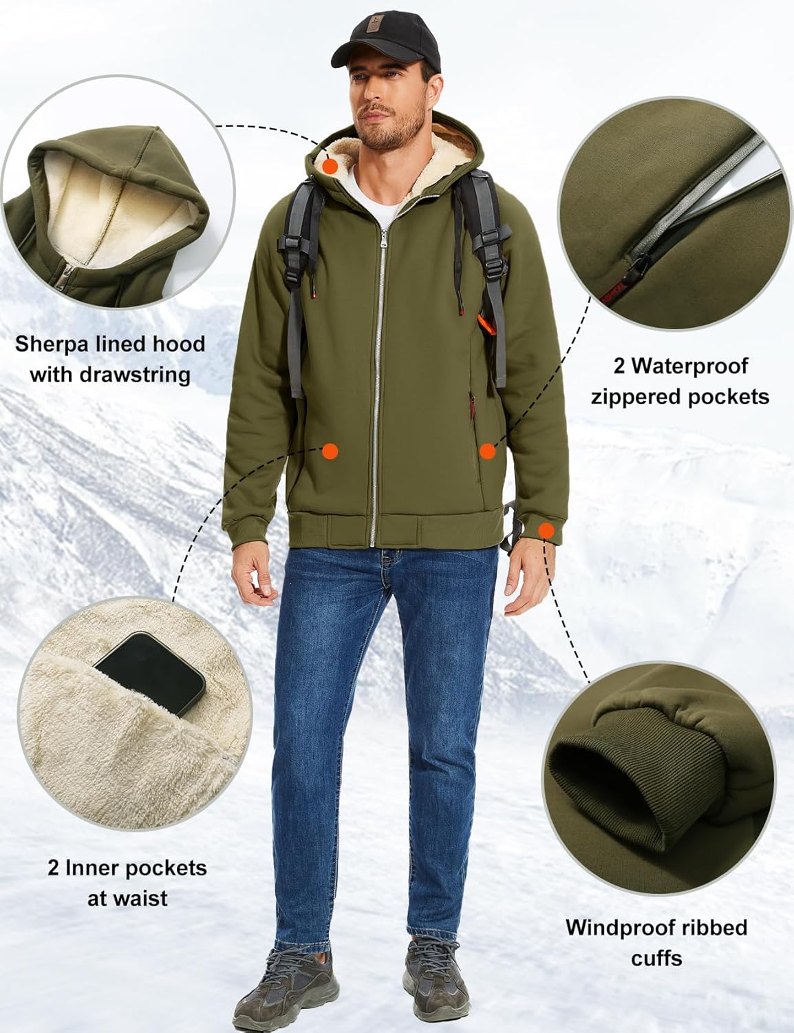 Flygo Sherpa Hoodies for Men Zip Up Winter Fleece Lined Hooded Sweatshirt Heavyweight Warm Jackets - Image 6